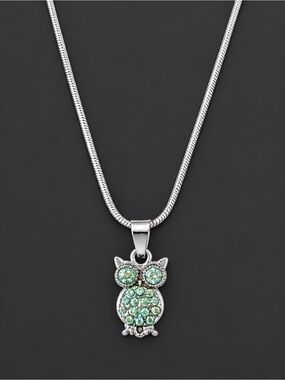 Silver Owl Necklace with Blue / Green Diamonds